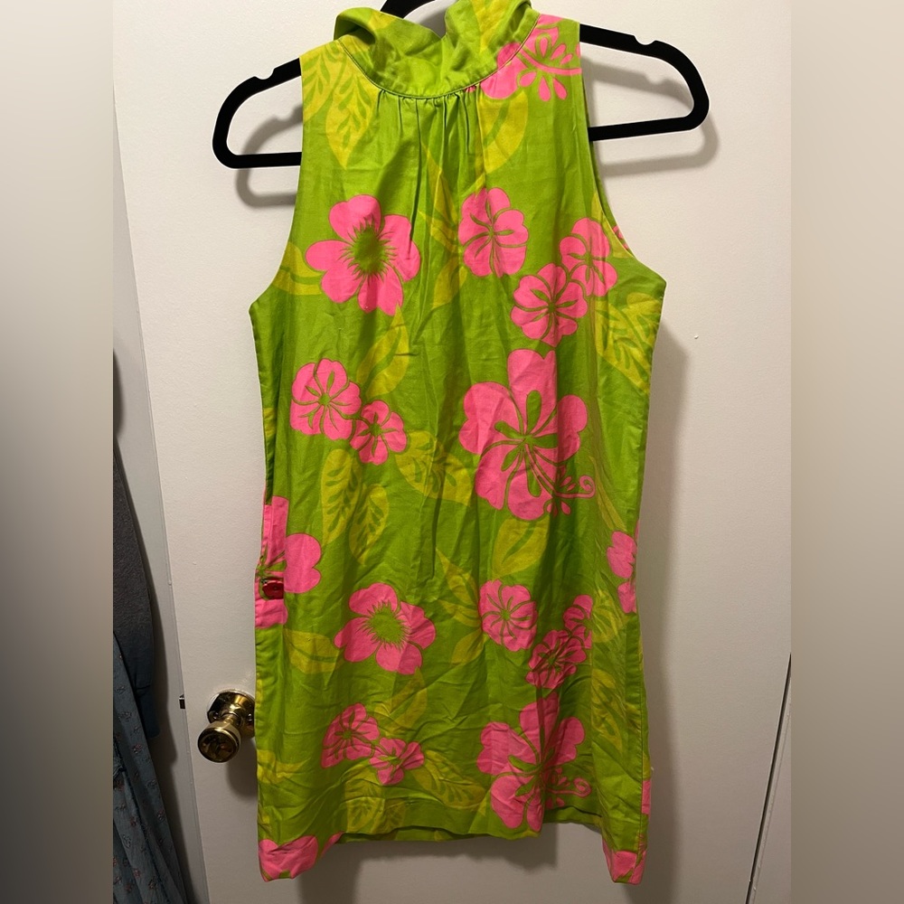 VINTAGE 1960s style lime green and pink hibiscus shift dress